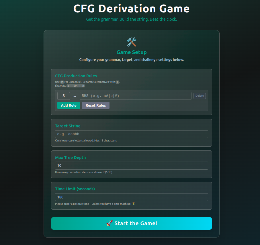 CFG Derivation Game setup form for production rules, target string, tree depth, and time limit