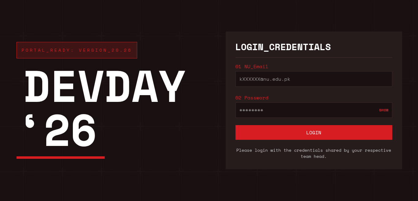 Login screen for the Developers' Day '26 operations portal