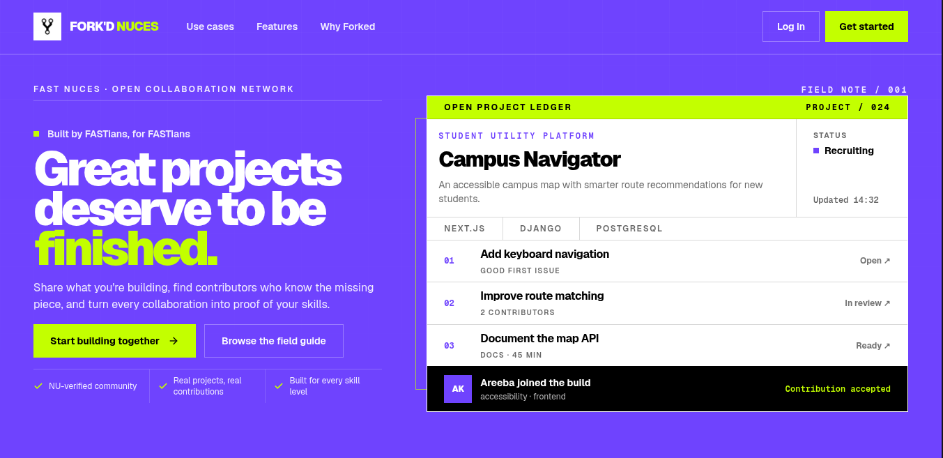 FORKED NUCES landing page showing its student project collaboration concept